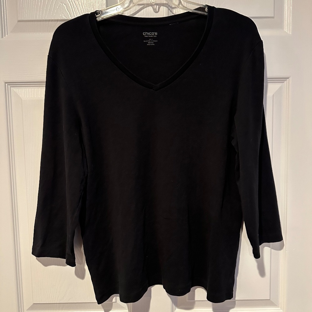 Women's Chico's True Color Tees- Black V-neck 3/4 Sleeve Tee-Size 3